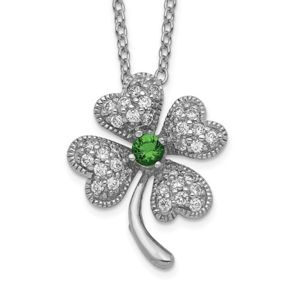 925 Sterling Silver Green Glass and White CZ Four Leaf Clover Shamrock Necklace - Picture 2 of 4